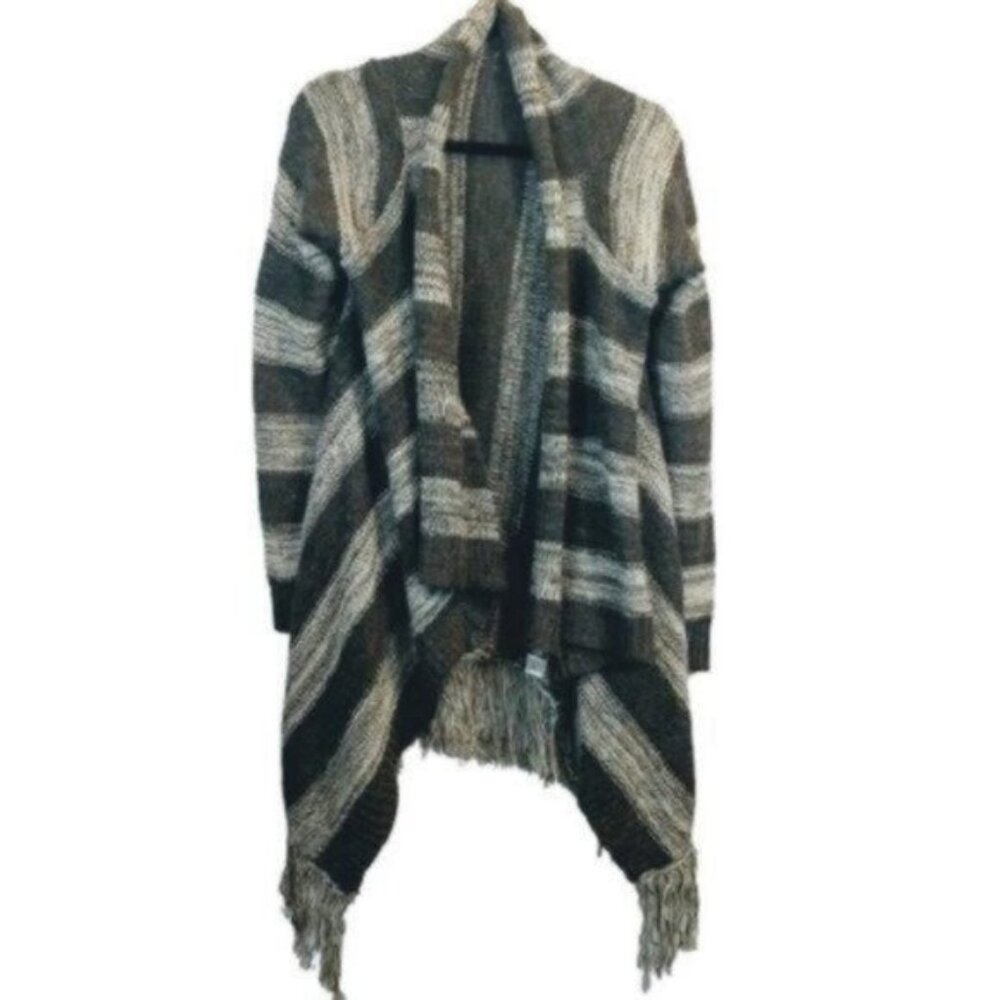 Elan Striped Fringe Wool Blend Knit Waterfall Sweater Cardigan Brown